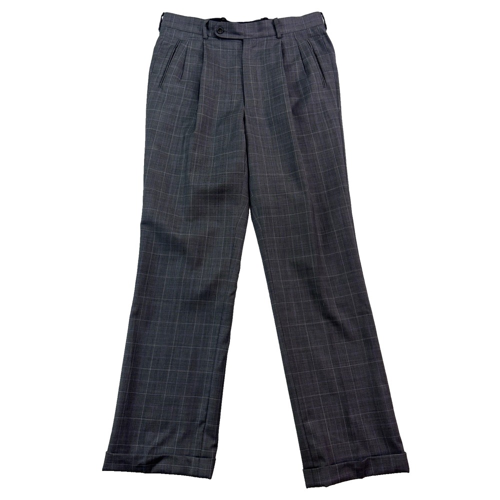 Gray Windowpane 34x33 dress suit pants wool all season trouser pleated cuffed